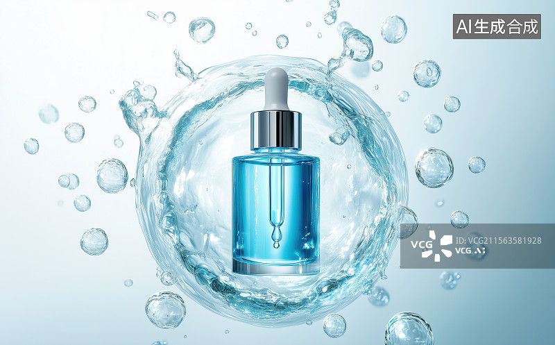 【AI数字艺术】蓝色隔离的玻璃滴管瓶与吸管胶原蛋白精华图片素材