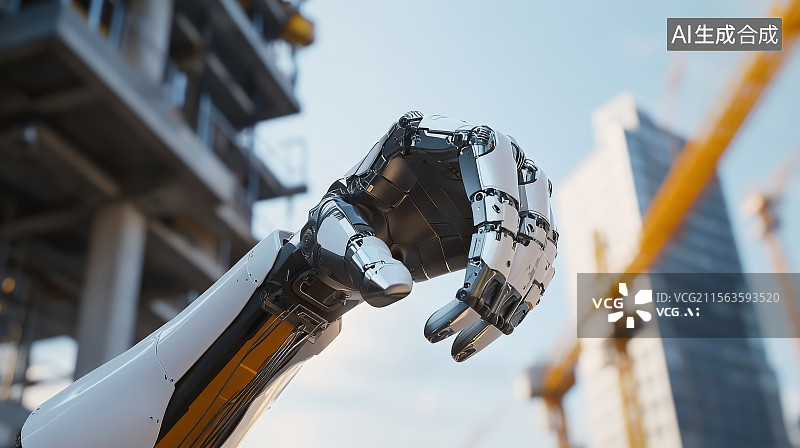【AI数字艺术】城市建筑工地上的机器人作业场景图片素材