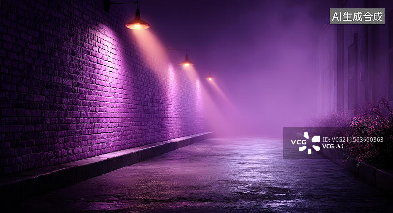 【AI数字艺术】紫色迷雾中的夜巷图片素材