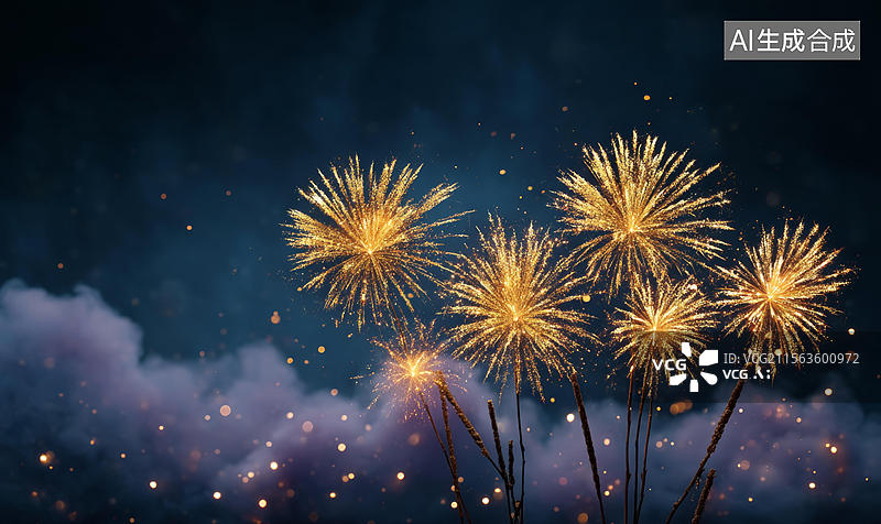 【AI数字艺术】夜空中绚丽绽放的金黄色烟花图片素材