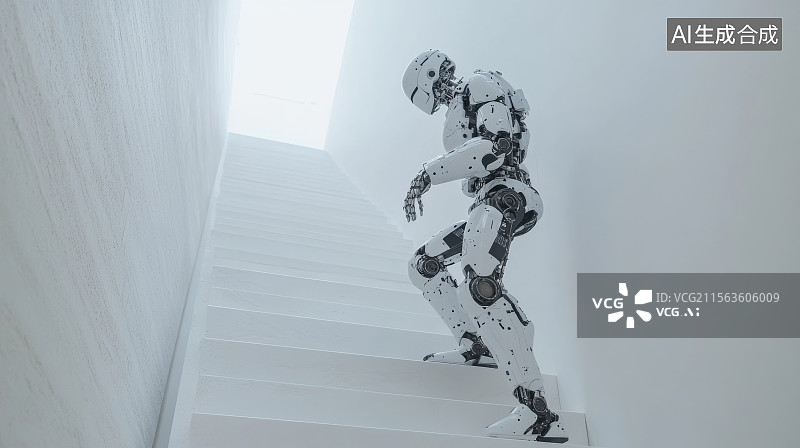 【AI数字艺术】白色空间中仿生机器人下楼特写图片素材