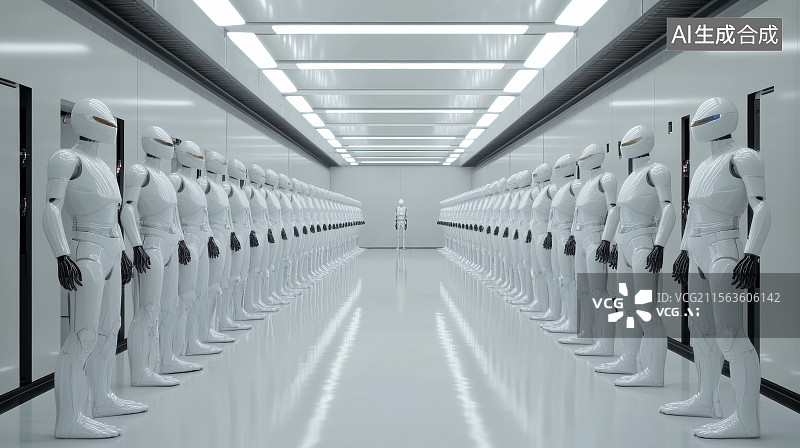 【AI数字艺术】未来实验走廊中左右排列机器人图片素材