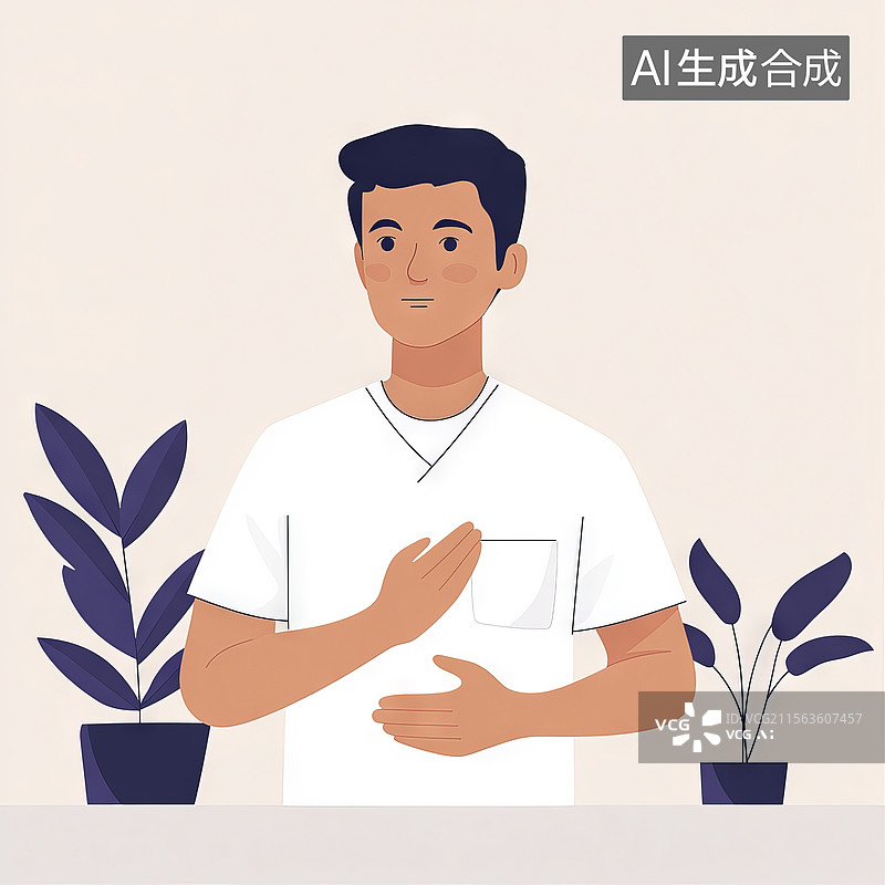【AI数字艺术】穿着白色T恤的男子站在植物旁边图片素材