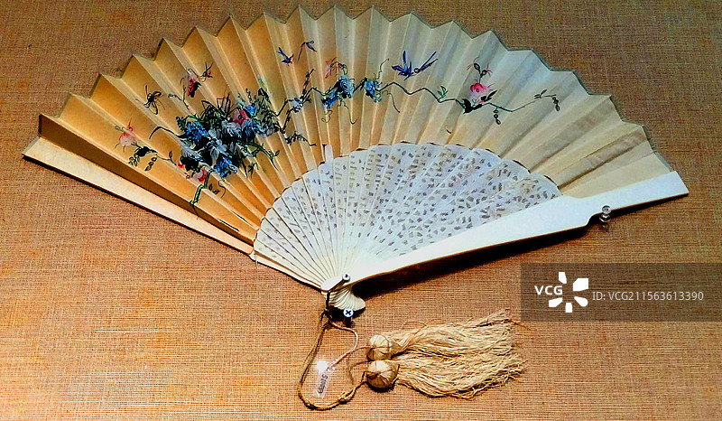 （清道光）象牙透雕扇骨绢本彩绘花鸟纹折扇图片素材