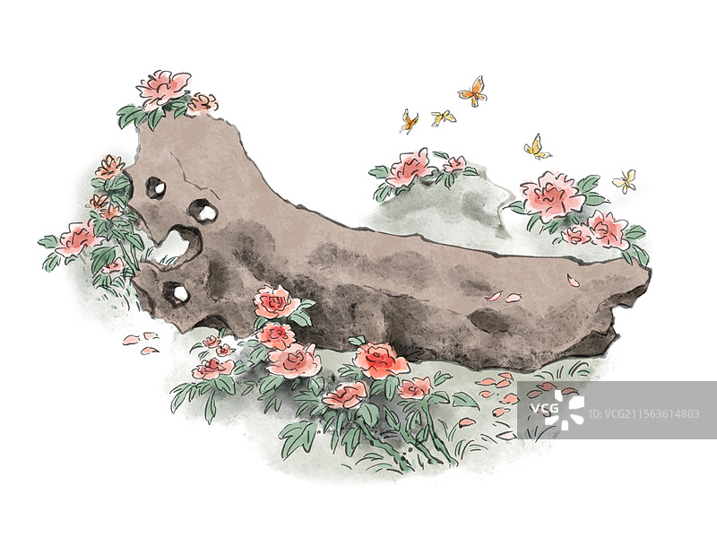 古风国风水墨风园林公园花园庭院亭台楼阁假山石植物花卉插画素材图片素材