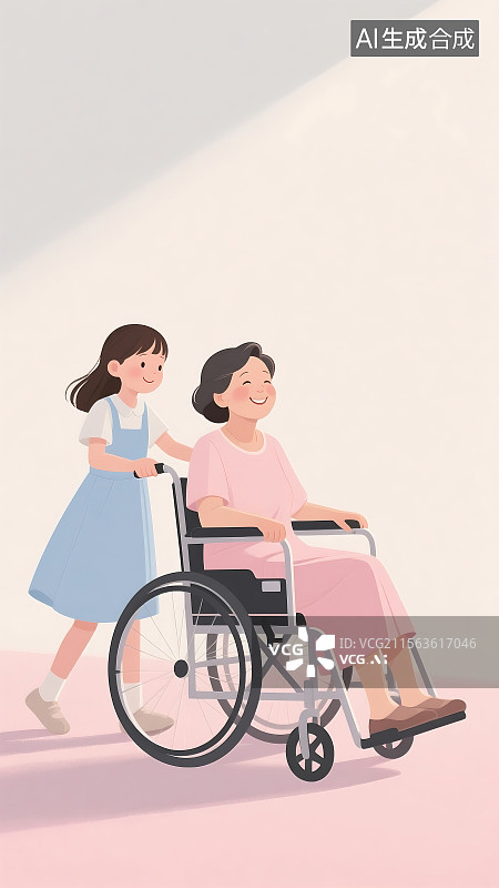 【AI数字艺术】女孩推轮椅 残疾人 全国助残日 关爱残疾人 慈善 背景元素图片素材