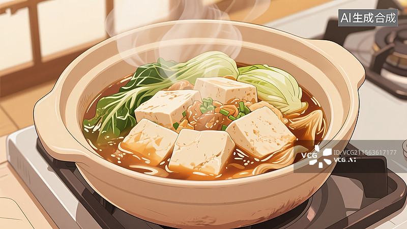【AI数字艺术】白菜豆腐煲美食手绘插画图片素材