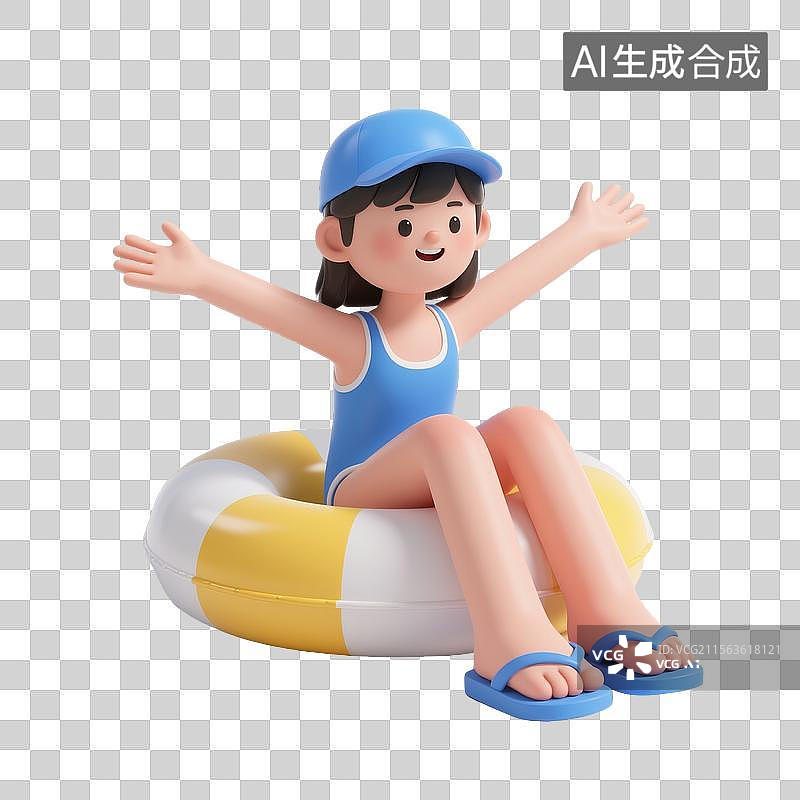 【AI数字艺术】3d卡通坐在泳圈的女孩图片素材