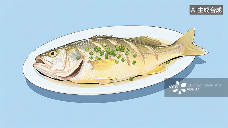 【AI数字艺术】清蒸鲈鱼美食手绘插画图片素材