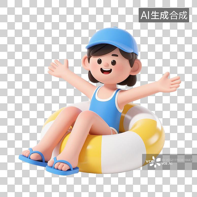 【AI数字艺术】3d卡通坐在泳圈的夏日女孩图片素材