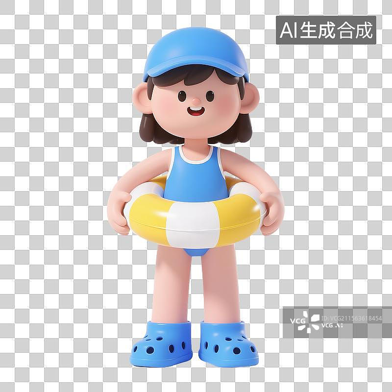 【AI数字艺术】3d卡通拿着泳圈的夏日女孩图片素材