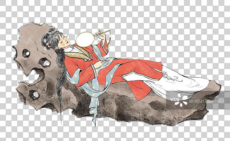 躺卧在大石头上睡觉休息的古风汉服美女，红楼梦湘云醉卧。图片素材