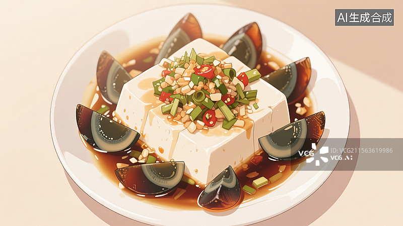 【AI数字艺术】凉拌皮蛋豆腐美食手绘插画图片素材