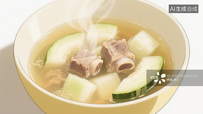 【AI数字艺术】冬瓜排骨汤美食手绘插画图片素材