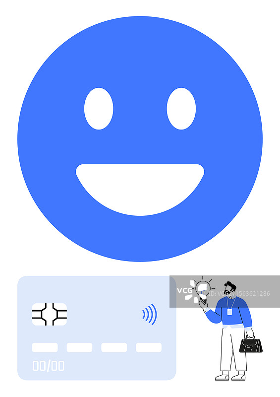 快乐的面孔NFC信用卡和有想法的男人图片素材