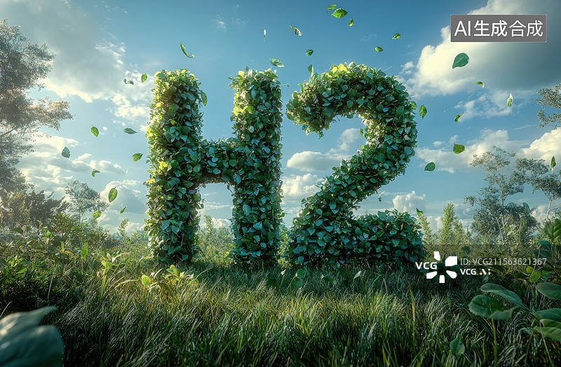 【AI数字艺术】由绿叶组成的氢气(H2)氢图标，可持续的清洁绿色能源氢气氢能源背景图片素材