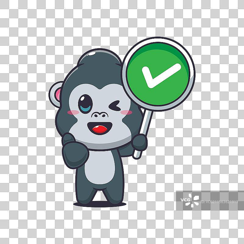 大猩猩吉祥物卡通角色与正确的标志图片素材