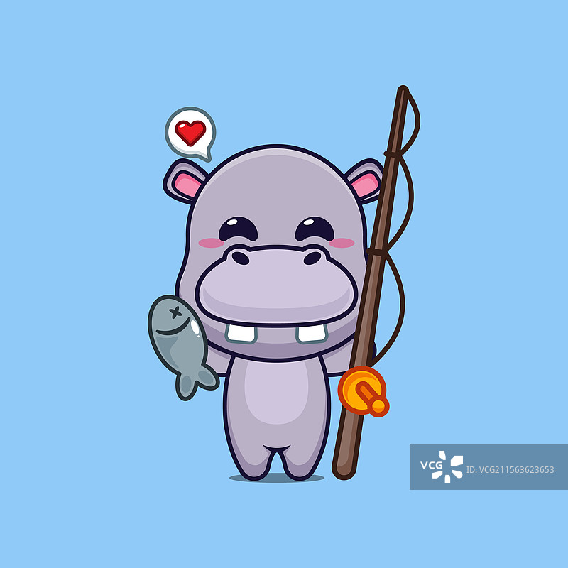 卡通河马吉祥物角色正在抓鱼图片素材