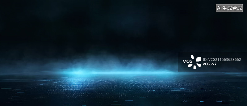 【AI数字艺术】深蓝色调带烟雾与网格线条的未来科技虚拟空间场景画面图片素材