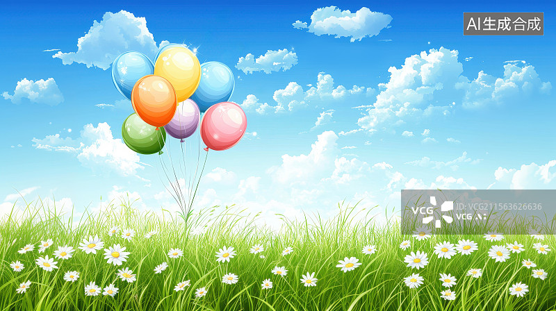 【AI数字艺术】蓝天白云下草原草坪草地上空悬浮飘起的彩色气球图片素材
