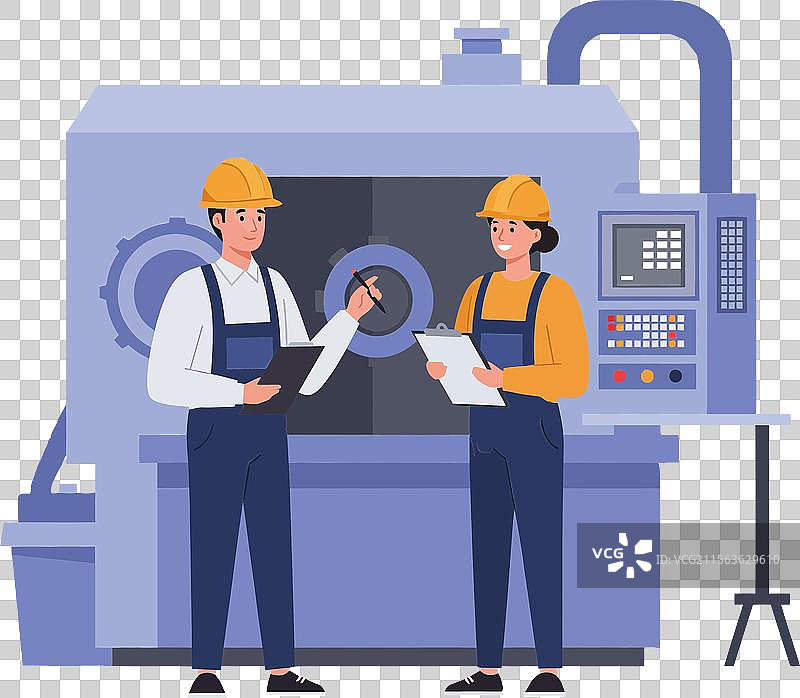 两名工厂工人讨论机器操作图片素材