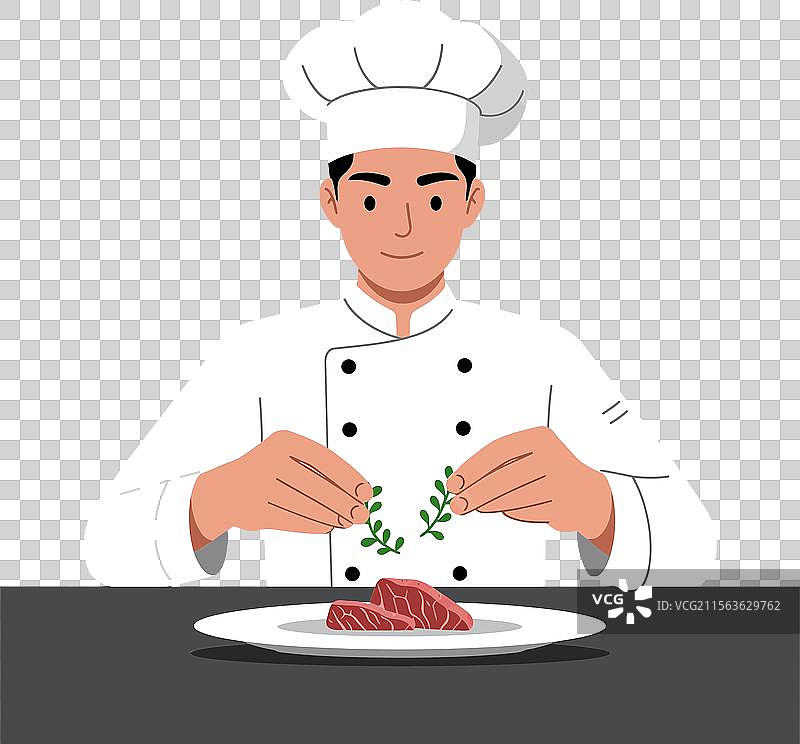 穿着白色制服的厨师正在细心地装饰一道菜图片素材