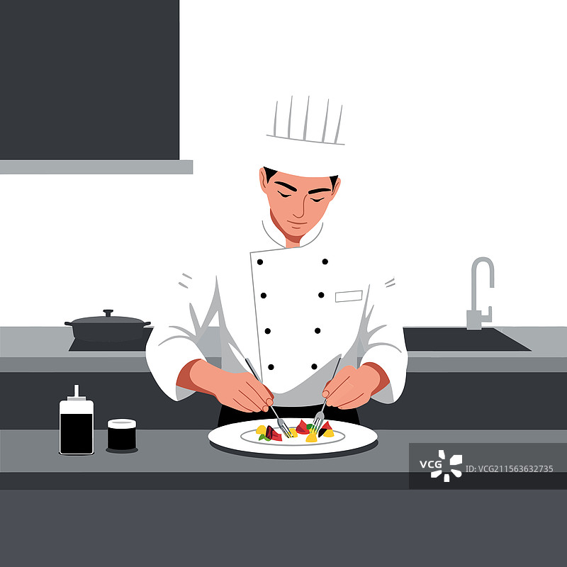 穿着白色制服的厨师正在精心摆盘图片素材