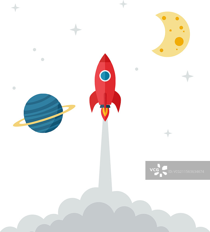 一枚红色火箭发射升空，周围环绕着图片素材