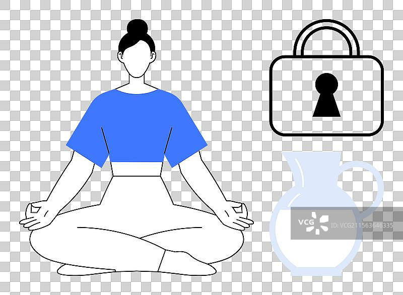 坐在莲花坐姿的女人与钥匙孔锁定图片素材