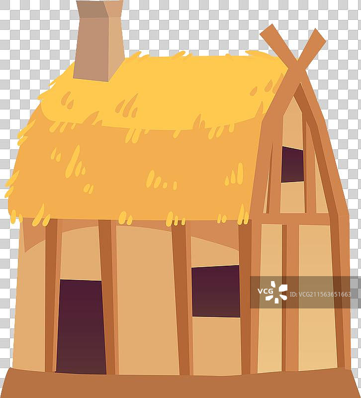 小型中世纪房屋，带有茅草屋顶和烟囱图片素材