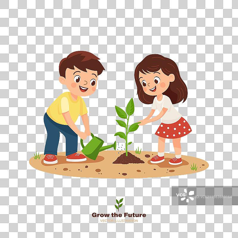 快乐的孩子们在种植和浇水一棵树，倡导环保图片素材