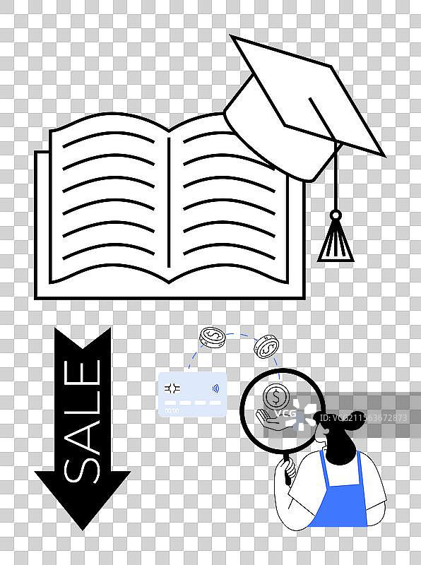 毕业帽放在打开的书上，旁边有销售箭头图片素材