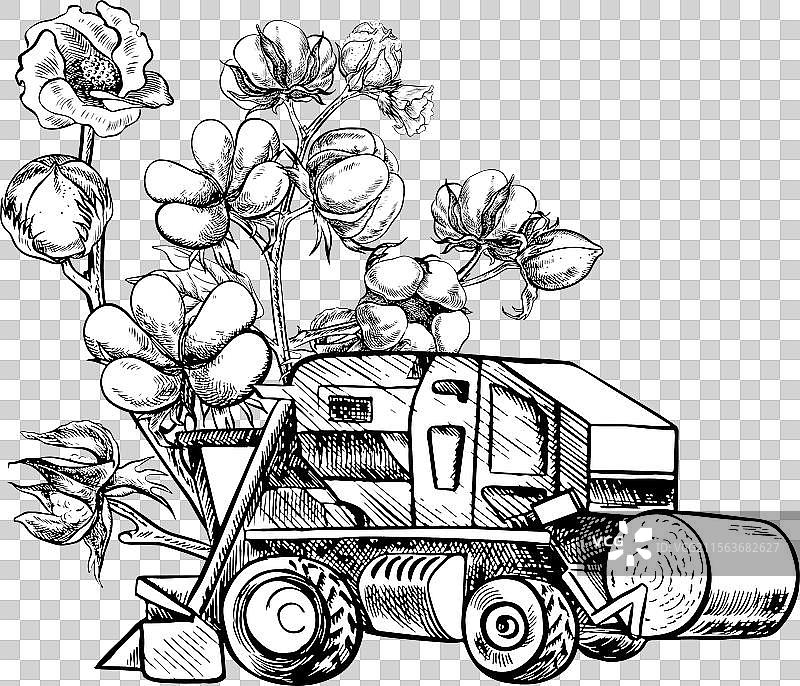 棉花收割机的黑白图形图片素材
