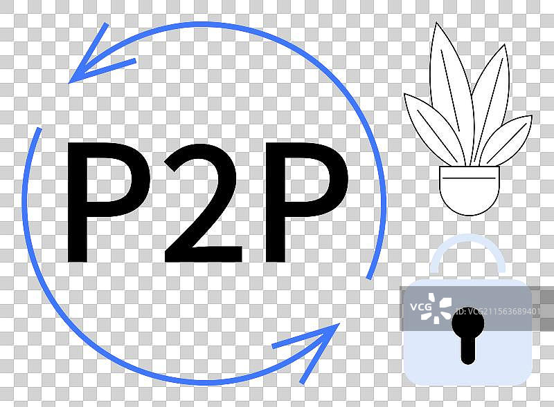 带有蓝色箭头和安全锁的P2P概念图片素材