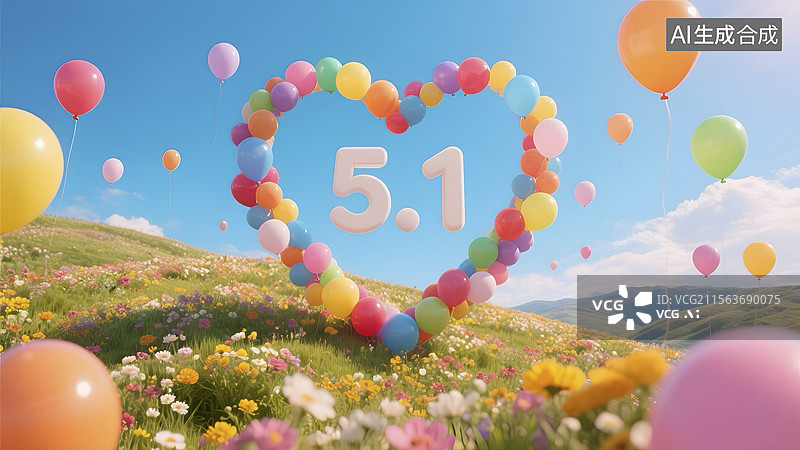 【AI数字艺术】五一劳动节山坡上的心形气球图片素材