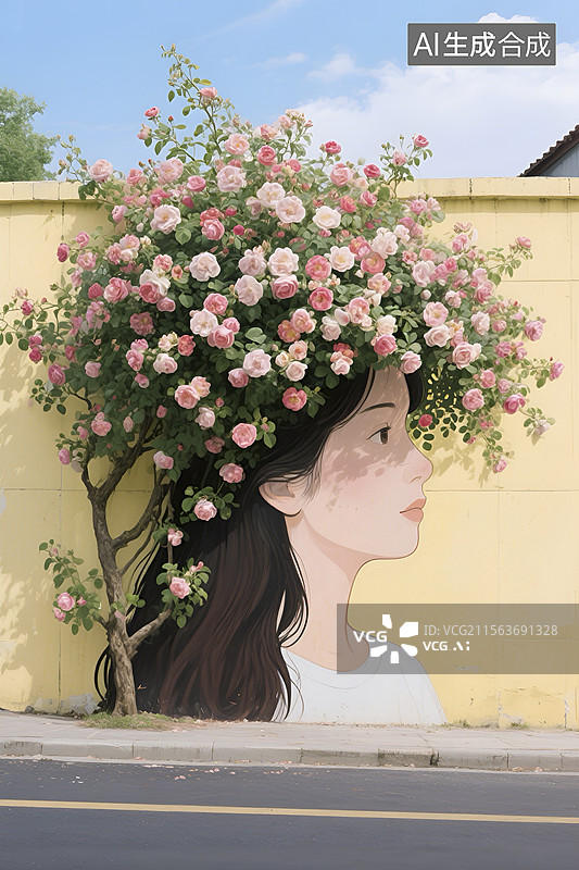 【AI数字艺术】头戴蔷薇花的街头涂鸦图片素材
