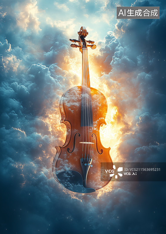 【AI数字艺术】云层上一架小提琴图片素材