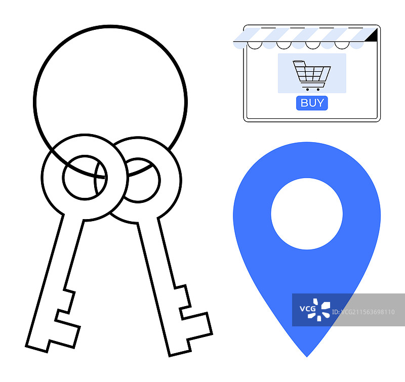 商店遮阳篷下的购物车图标与钥匙图片素材