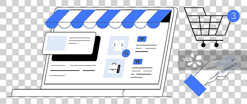 在线购物概念，配有笔记本电脑、购物车和信用卡图片素材