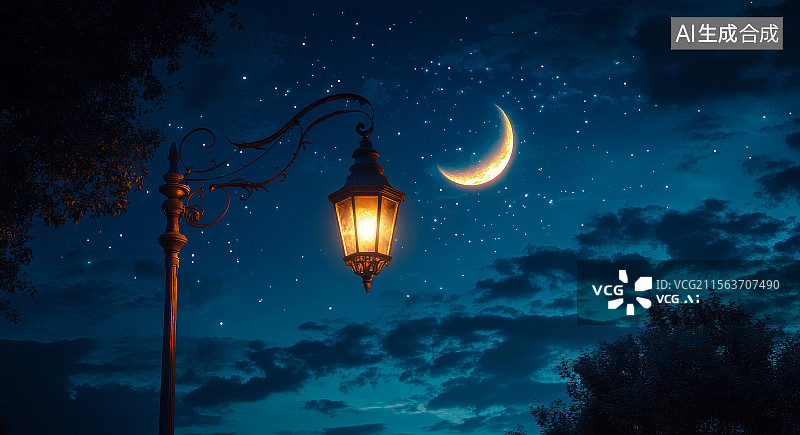【AI数字艺术】路灯夜景与月亮图片素材