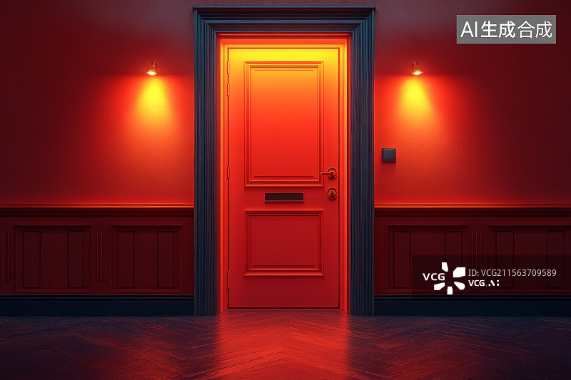 【AI数字艺术】红色墙壁与黄色门的室内场景图片素材