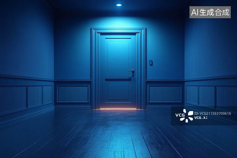 【AI数字艺术】蓝色走廊尽头的门图片素材