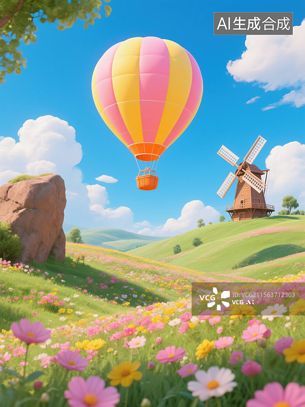 【AI数字艺术】梦幻田园的热气球与风车景致图片素材