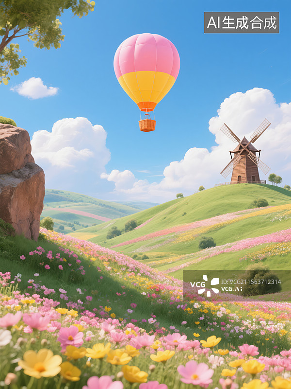 【AI数字艺术】梦幻田园的热气球与风车景致图片素材
