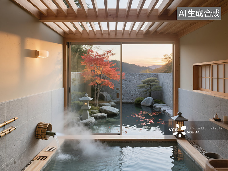 【AI数字艺术】日式雅致温泉私汤与庭院景致图片素材