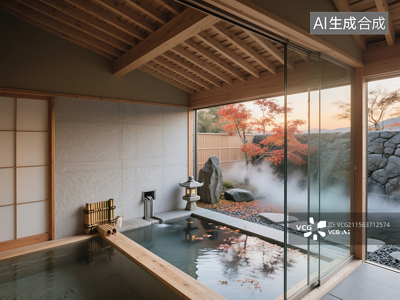 【AI数字艺术】日式雅致温泉私汤与庭院景致图片素材