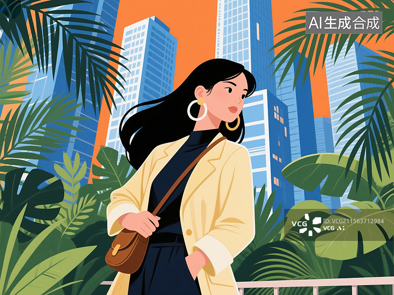 【AI数字艺术】都市时尚女性插画：摩登与自然的融合图片素材