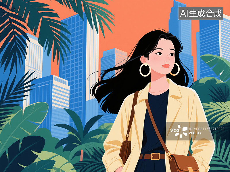 【AI数字艺术】都市时尚女性插画：摩登与自然的融合图片素材