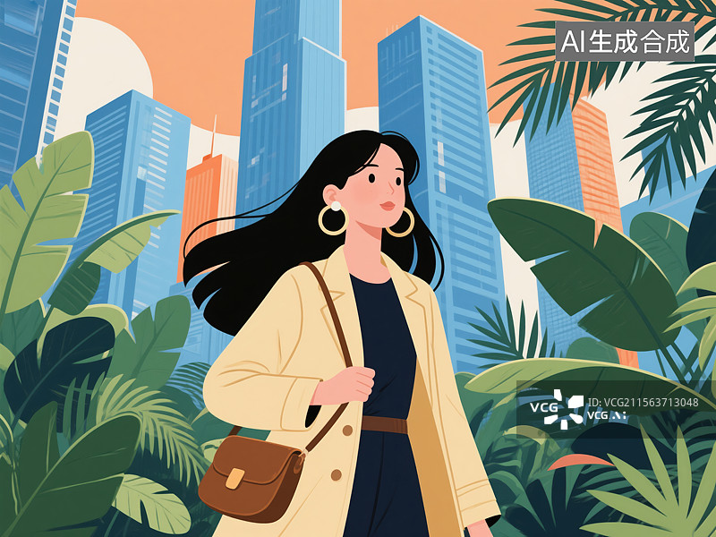 【AI数字艺术】都市时尚女性插画：摩登与自然的融合图片素材