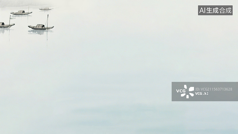 【AI数字艺术】复古中国风水墨画左上背景，河流湖泊江水海面 许多大量小舟木头船只 新国风极简意境禅意装饰画图片素材